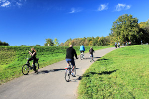 Radfahrer auf dem Elsterradweg am Cospudener See