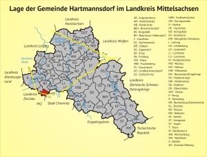 Lage der Gemeinde Hartmannsdorf im Landkreis Mittelsachsen