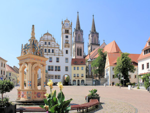 Neumarkt mit Brunnen, Rathaus und Stadtkirche