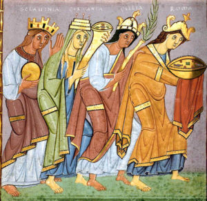 Sclavinia, Germania, Gallia und Roma huldigen Kaiser Otto III., Meister der Reichenauer Schule, Evangeliar Kaiser Ottos III., um 1000