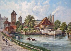 Die Nonnenmühle in Leipzig von Norden mit den beiden Wasserkünsten (links), um 1880