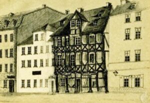 Das alte Beginenhaus (Mitte) in der Universitätsstraße Leipzig vor seinem Abriss 1855
