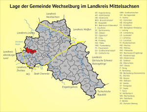Lage der Gemeinde Wechselburg im Landkreis Mittelsachsen