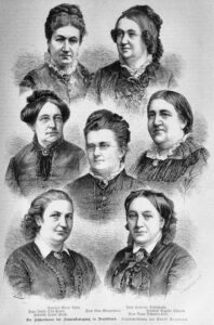 „Die Führerinnen der Frauenbewegung in Deutschland“ in der Gartenlaube 1883. Auguste Schmidt in mittlerer Reihe rechts