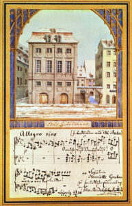 Das alte Gewandhaus mit Noten aus der bei Mendelssohns Antrittskonzert am 4. Oktober 1835 aufgeführten Oper Ali-Baba oder Die vierzig Räuber von Luigi Cherubini, Aquarell von Felix Mendelssohn Bartholdy (1836)