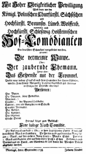 Theaterzettel der Neuberschen Schauspieltruppe für den 8. September 1738 in Hamburg