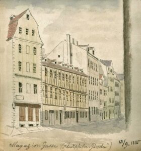 Die Magazingasse, das frühere Stadtpfeifergässchen, in dem Reiche wohnte und tot zusammenbrach, um 1880