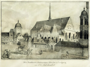 Eingang zum Botanischen Garten zwischen Paulinerkirche und Fürstenhaus in der Grimmaischen Straße im 17. Jahrhundert, Lithografie von Ernst Wilhelm Straßberger