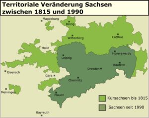 Territorium Sachsens in größter Ausdehnung 1815 und heutigem Zustand seit 1990