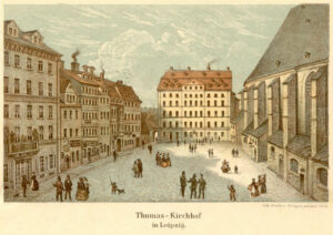 Thomaskirchhof mit Alter Thomasschule, in der sich die Kantorenwohnung befand (ca. 1850)